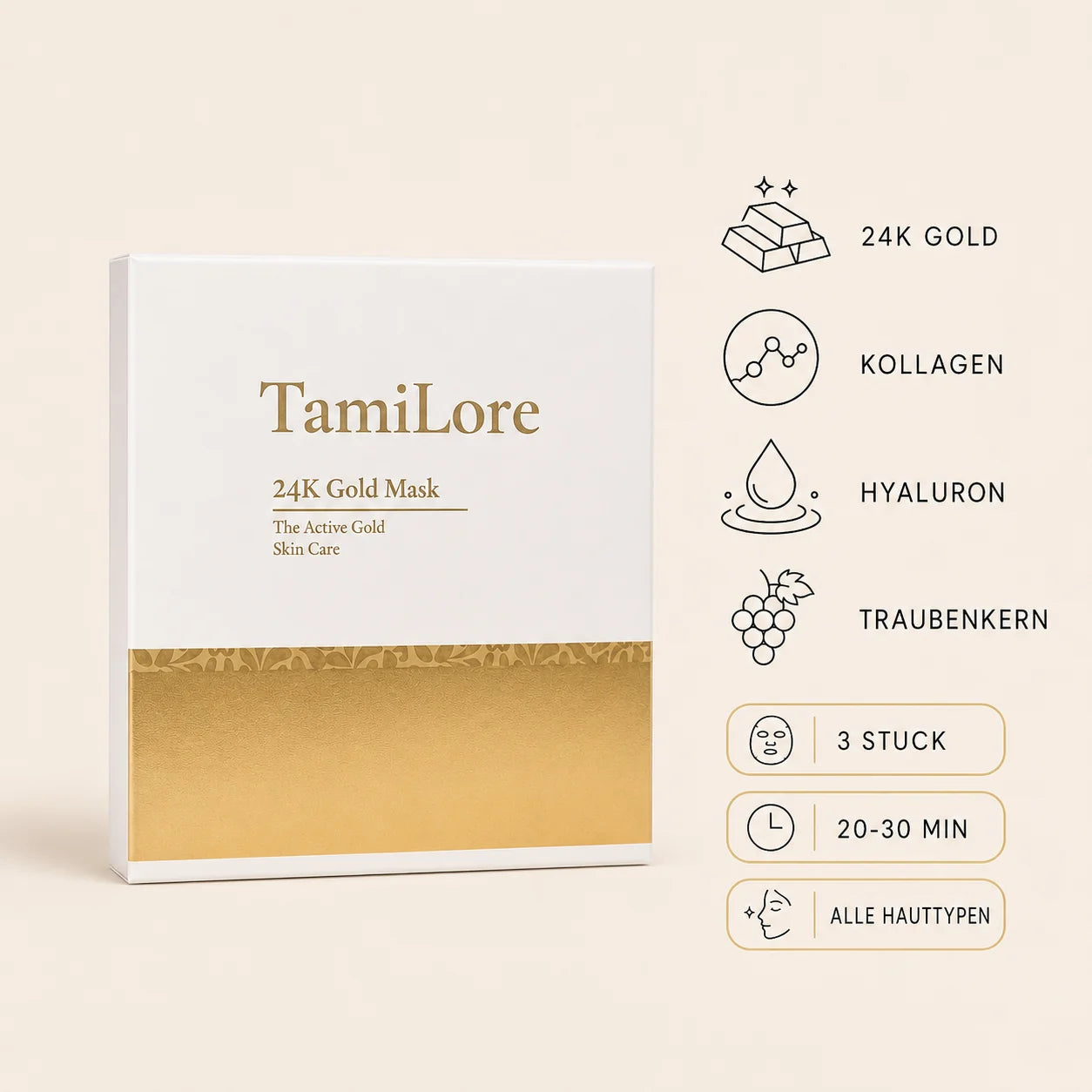 Infografik: Wirkstoffe und Fakten der 24K Gold Kollagen Maske